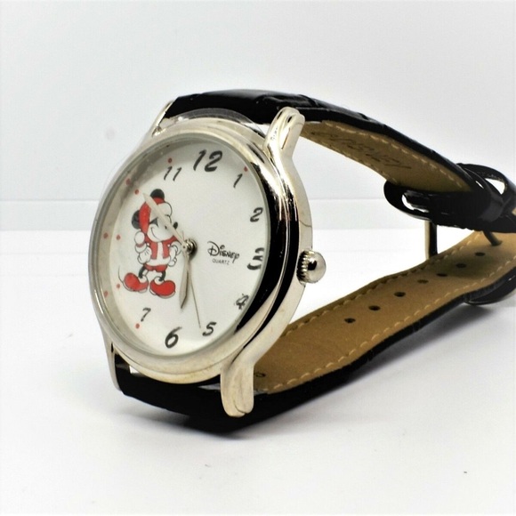 NIB Vintage Disney Time Works Santa Mickey Mouse Watch Leather Silver Christmas - Picture 7 of 7